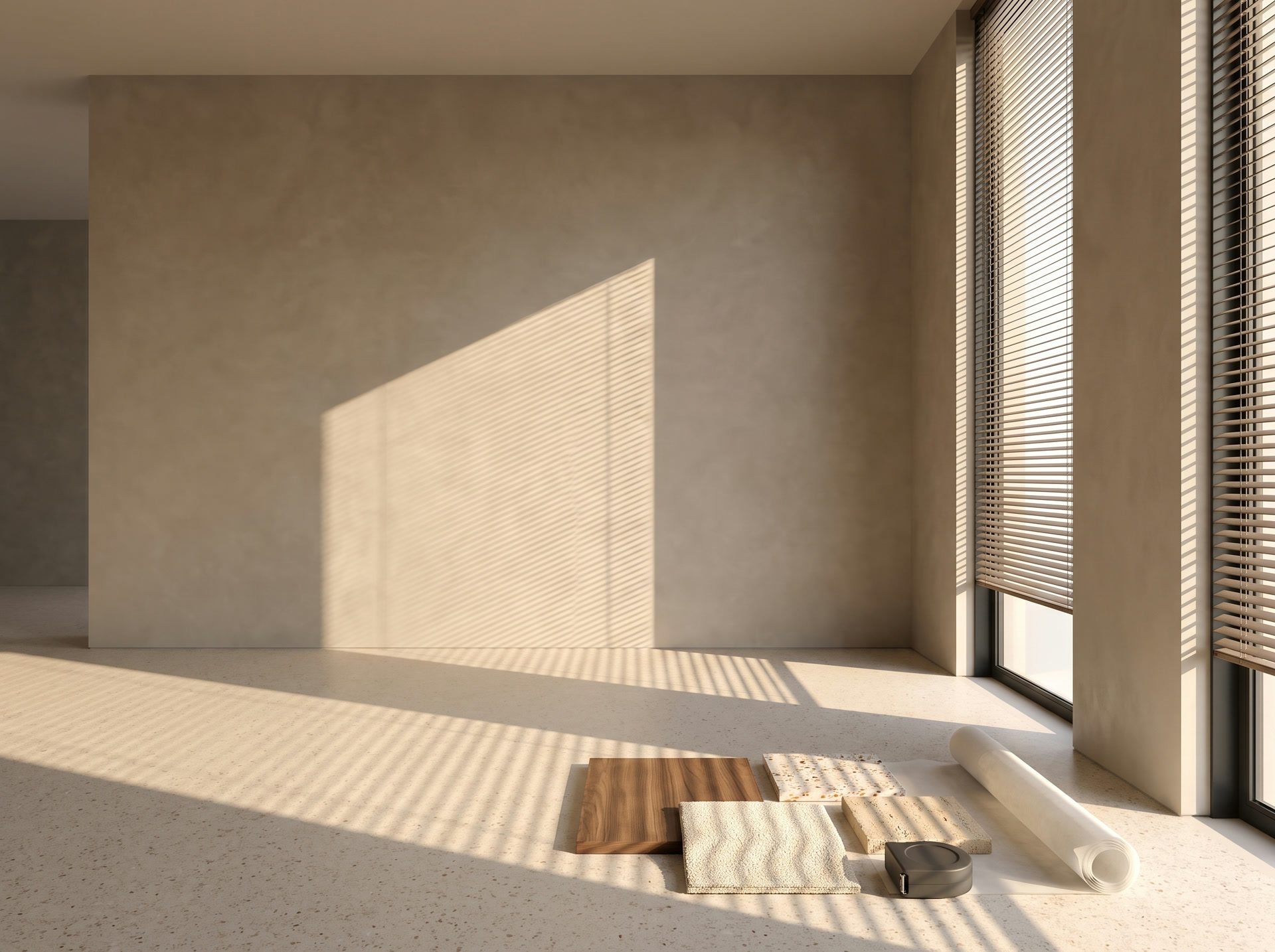 An empty room waiting to be designed, with a tape measure and material samples on the floor