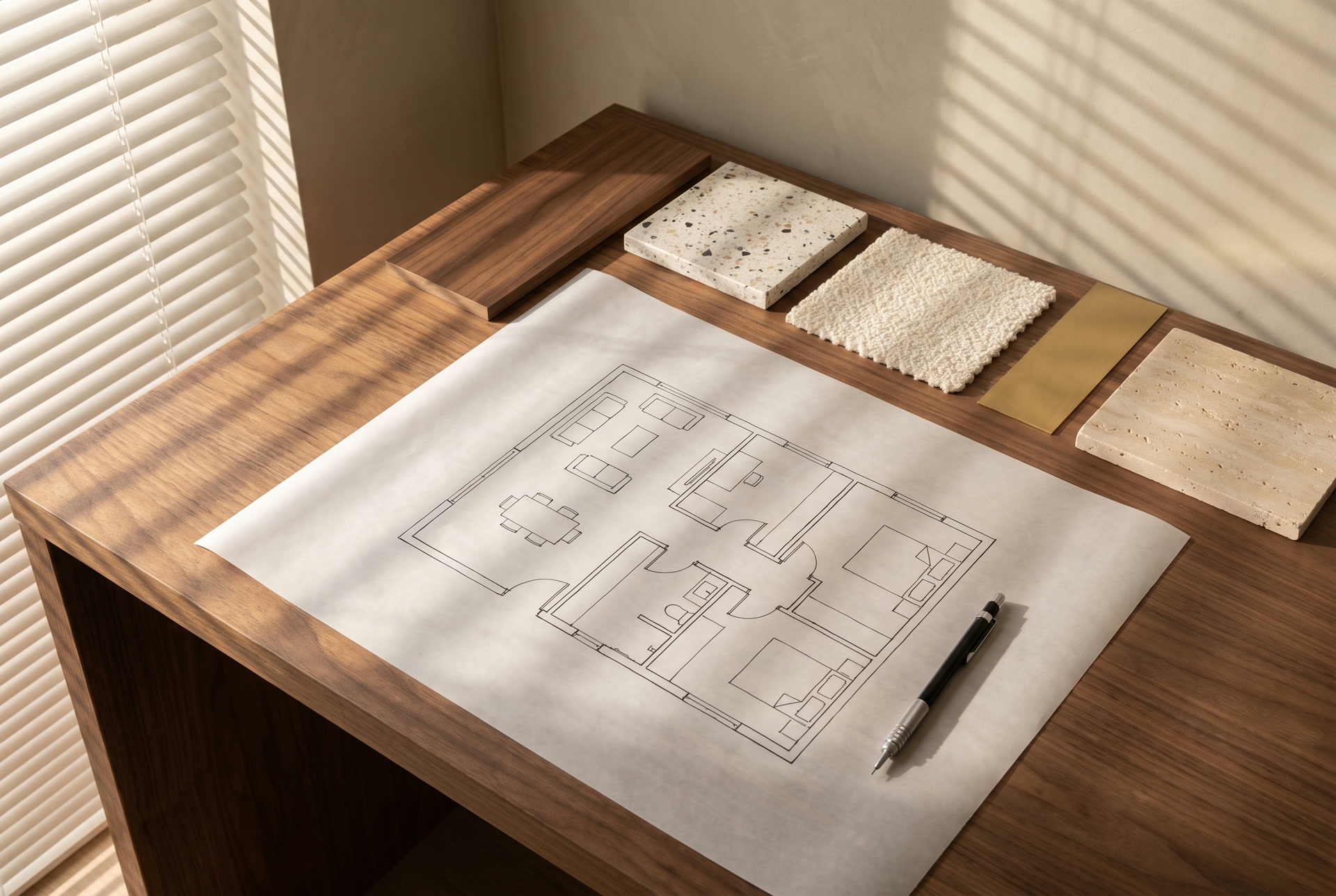 A walnut desk with a hand-drawn apartment floor plan, a pencil and a row of material samples