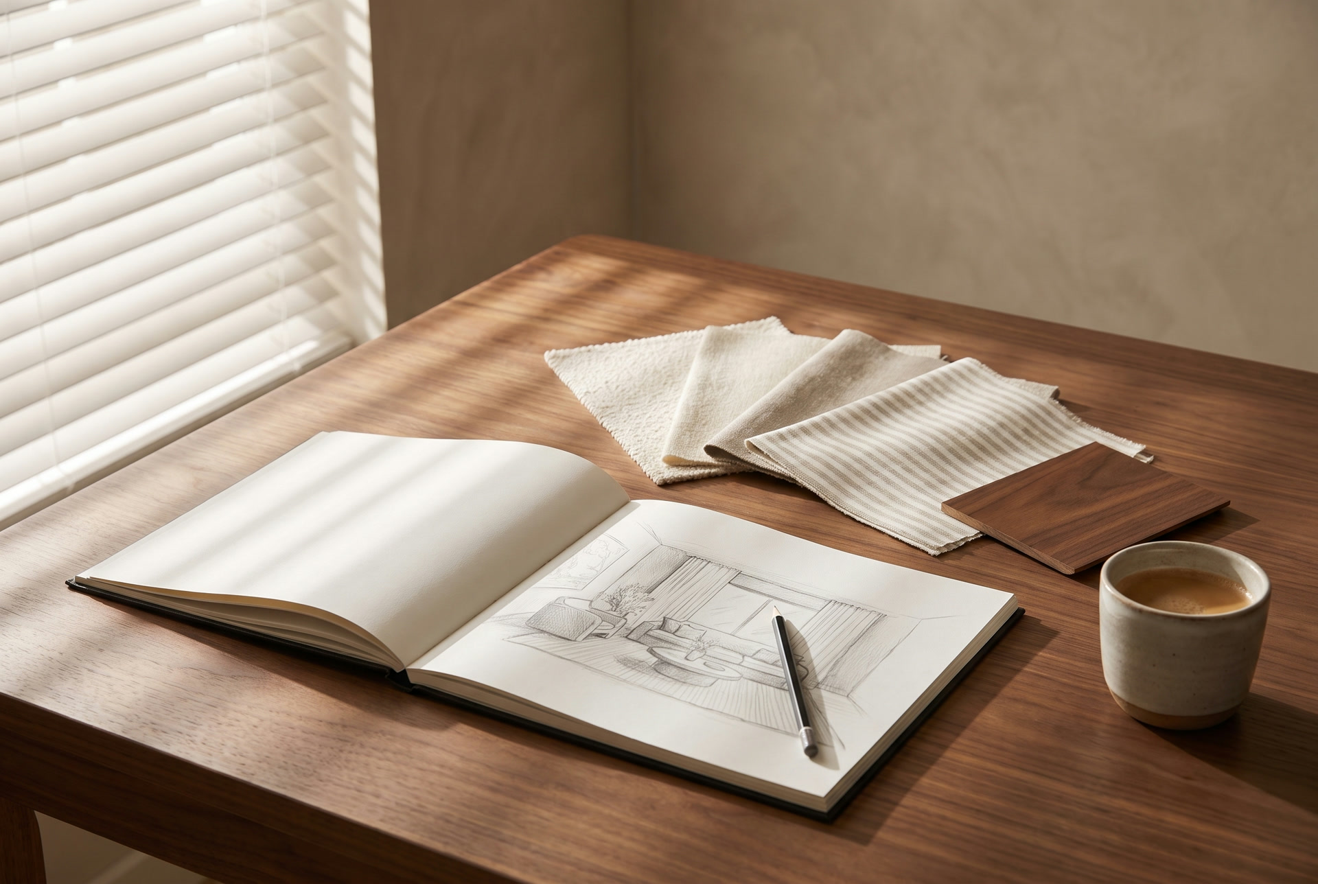 A sketchbook with a pencil sketch of a living room, fabric swatches and a cup of coffee on a walnut table